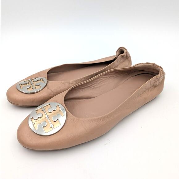 Tory Burch Claire Leather Ballet Flat Shoes Light Sand/Gold/Silver Size US8 EU39 - Picture 1 of 13